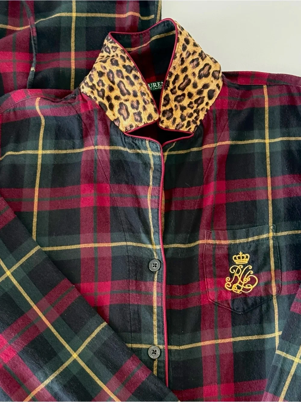 LAUREN Ralph Lauren Tartan Plaid Logo Flannel Leopard Collar Pajama Set Women XL